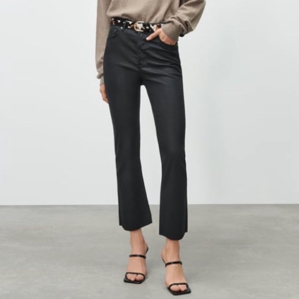 ZARA 2 Dark Brown Luxe Coated Mocha Dreed Flare High Rise Signature Denim Jeans